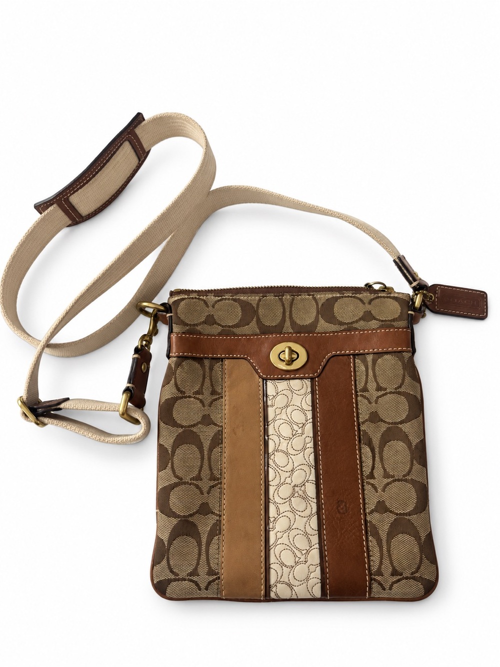 Coach Brown/Tan/Cream Signature Stripe Crossbody Bag